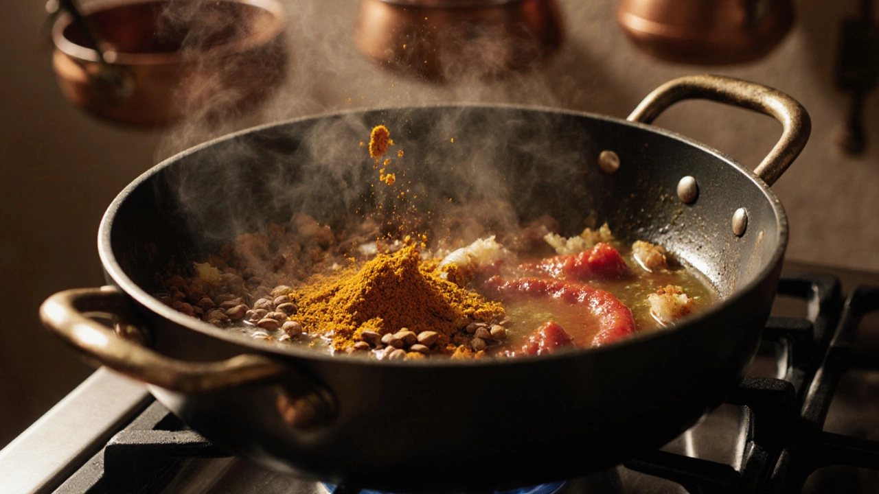 A pot of simmering chicken curry with browned onions and bright red spices.