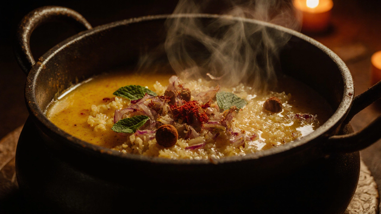 A sealed pot of biryani steaming with fried onions and saffron inside.