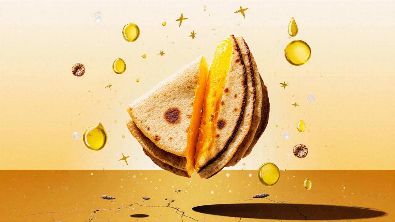 A split dosa with suspended oil droplets, refined coconut oil glowing warmly against darker oil shadows.