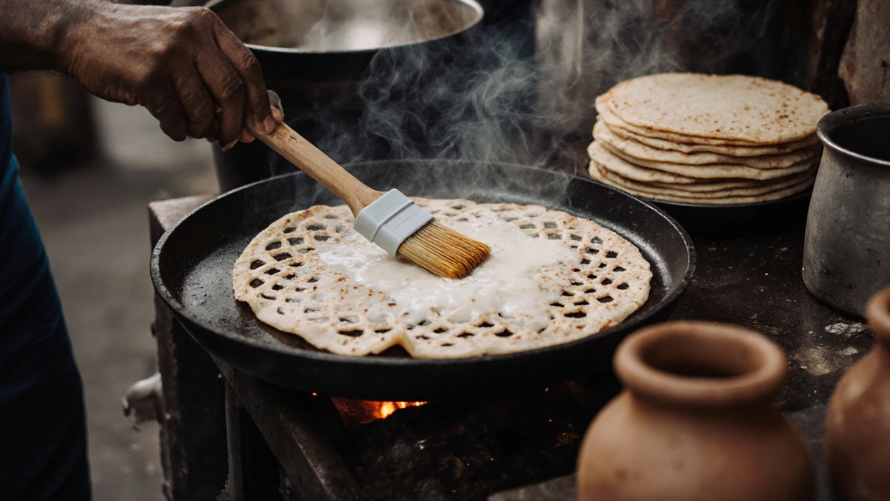 A street vendor cooking dosa on a tawa, light sesame oil brushing the surface, golden edges crisping.