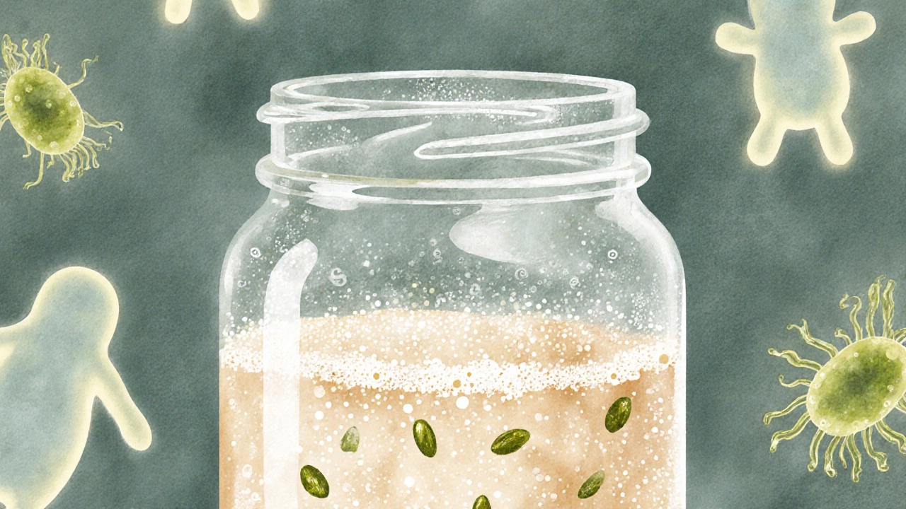 Bubbling dosa batter in a jar with floating fenugreek specks and stylized microbes around it.
