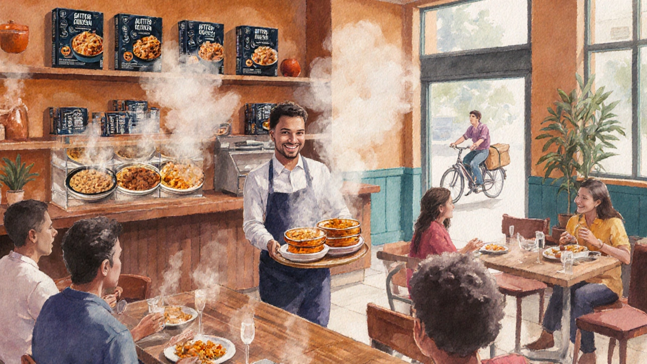 Busy restaurant and store scene showing butter chicken as a popular worldwide dish.