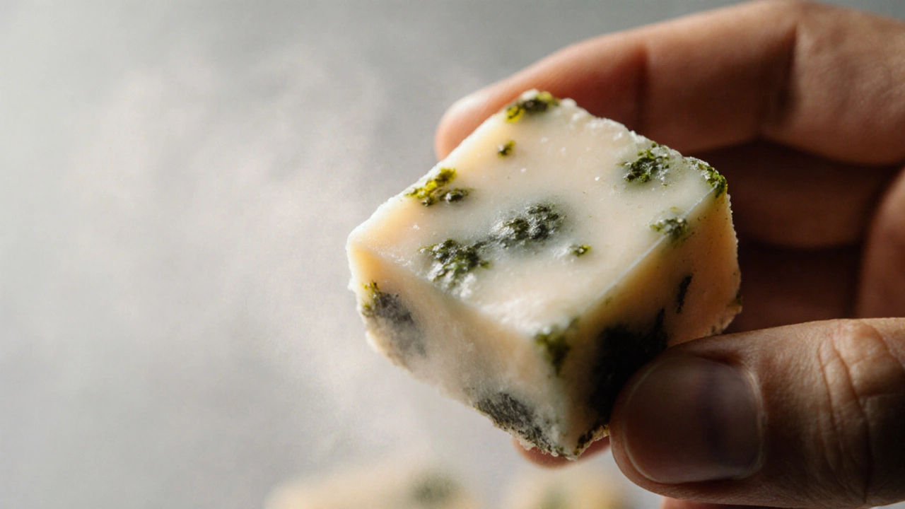Close-up of a barfi with mold spots and discoloration indicating spoilage.