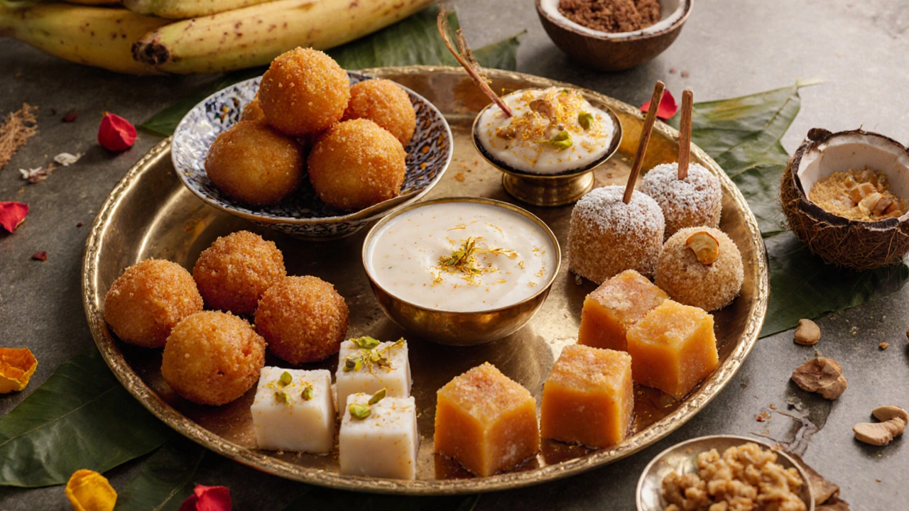 Close-up of a festive Indian dessert spread on a brass thali.