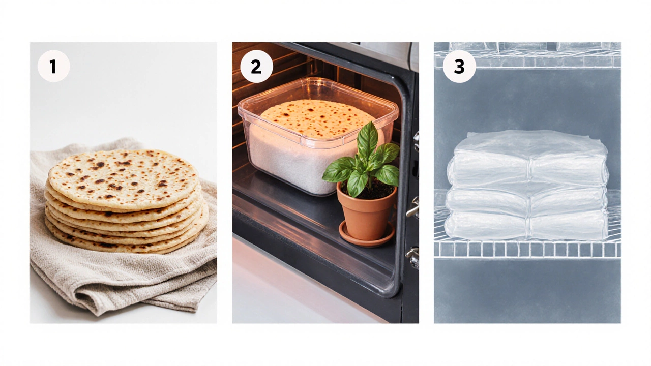 Collage of roti storage: towel‑wrapped in oven, paper‑towel in container, frozen with parchment.