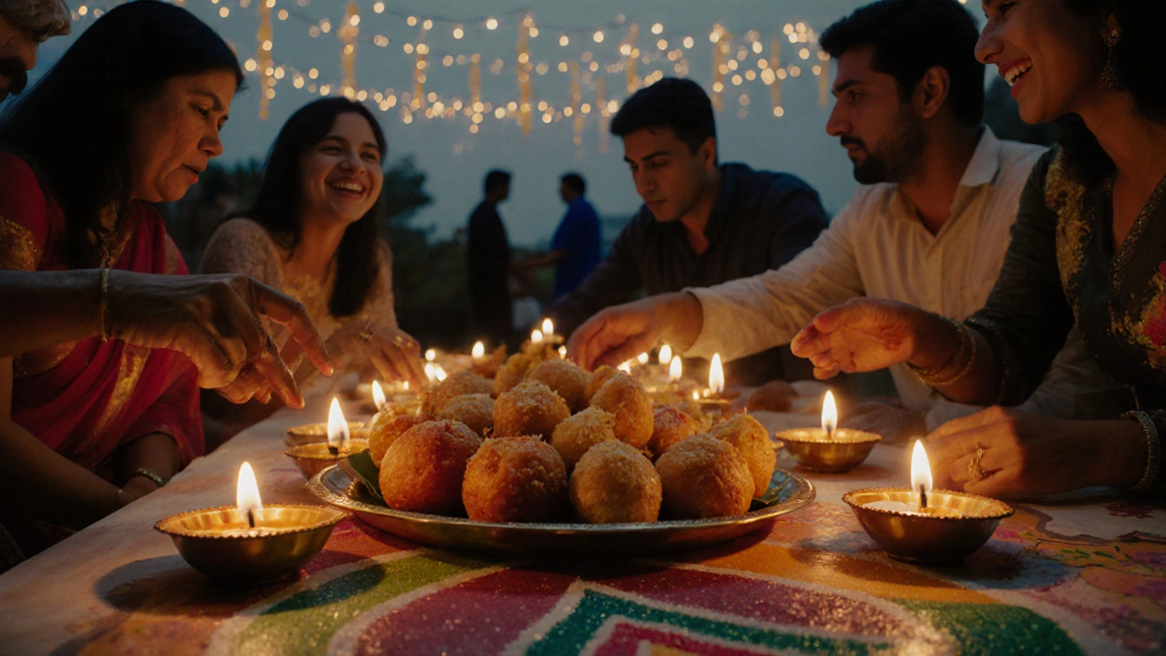 Diwali gathering with glowing lights and hands serving sweets.