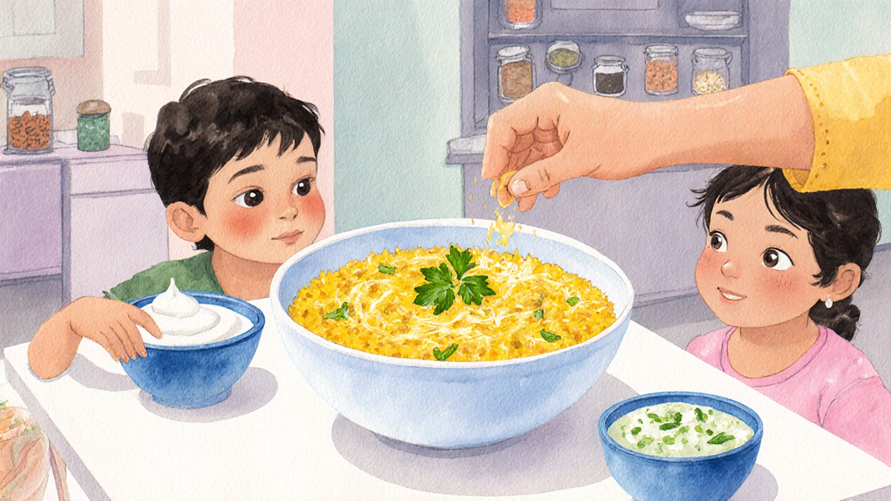Family sharing a bowl of khichdi with yogurt and coriander in a cozy kitchen.