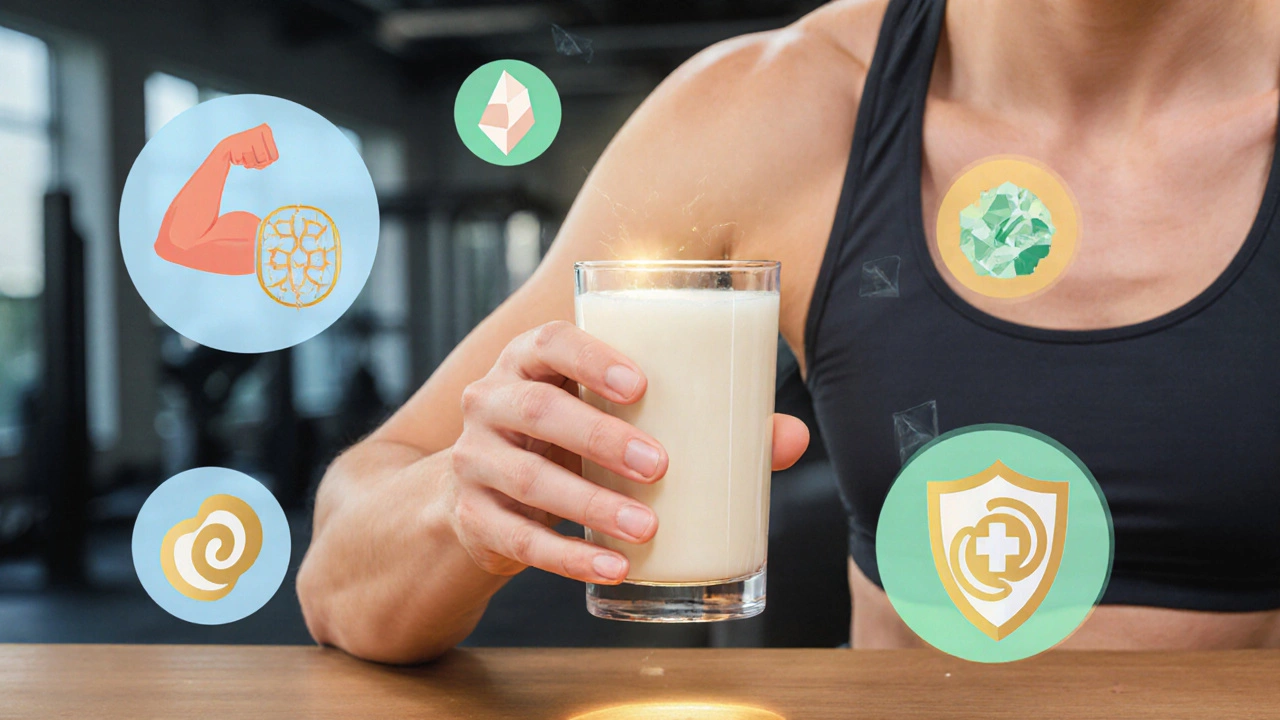 Fit person drinking glowing paneer whey with floating health symbols.