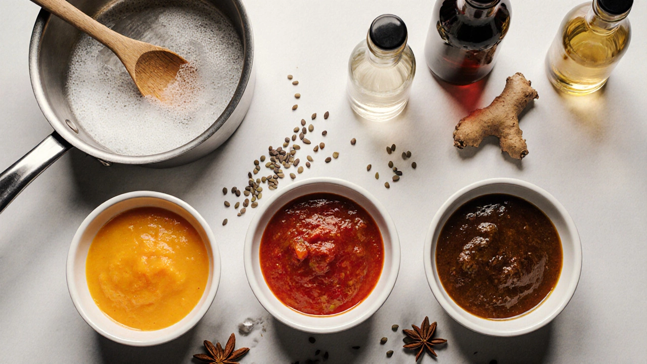Flat‑lay of three chutney bowls with matching vinegar bottles, saucepan, and spices on a kitchen surface.