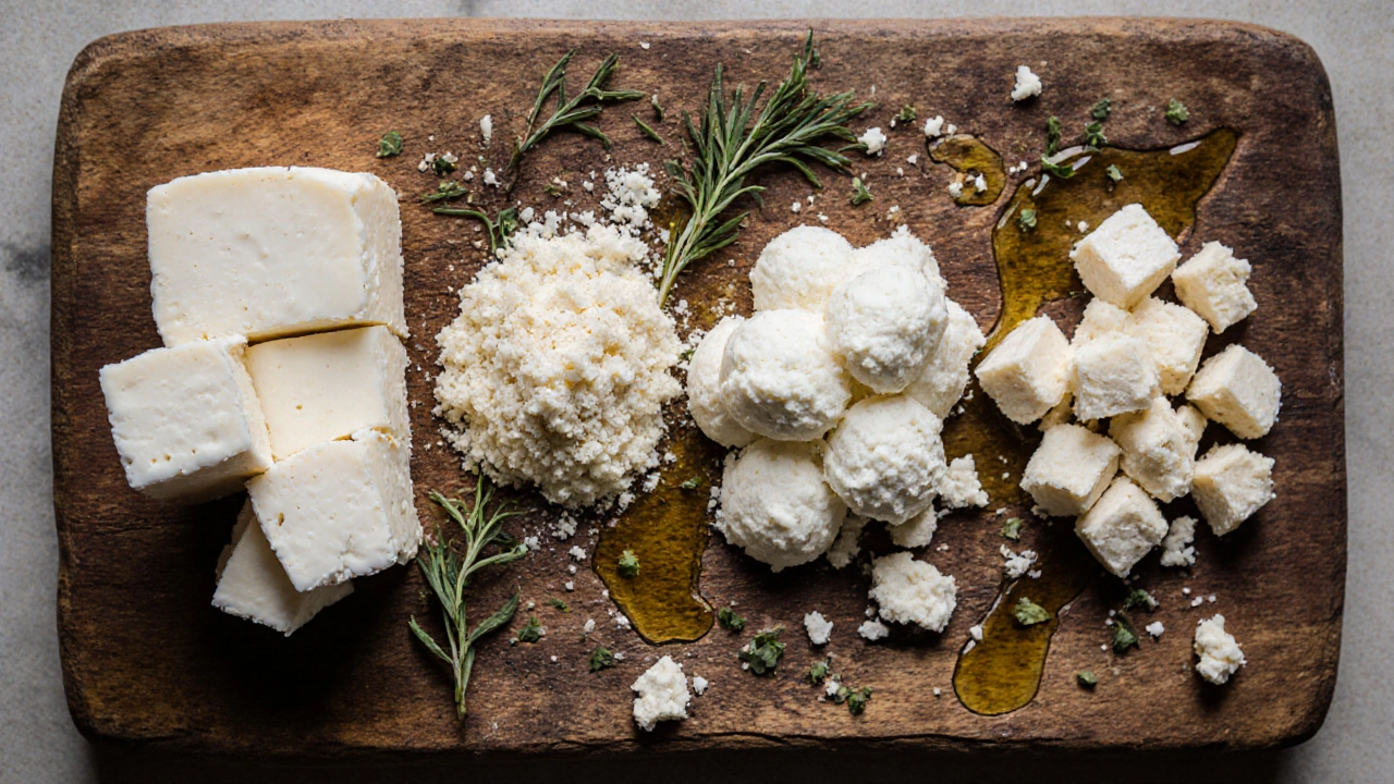 Four fresh cheeses—paneer, cottage cheese, ricotta, queso fresco—displayed on a wooden board.