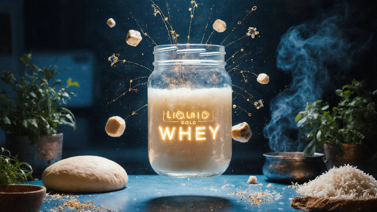Glowing whey jar labeled 'Liquid Gold' with nutrients radiating, connected to cooking and plants.