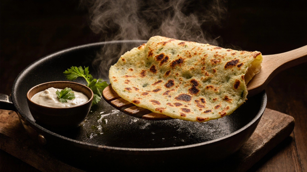 Golden, crisp dosa lifted from a skillet, showing fenugreek specks and surrounded by chutney.