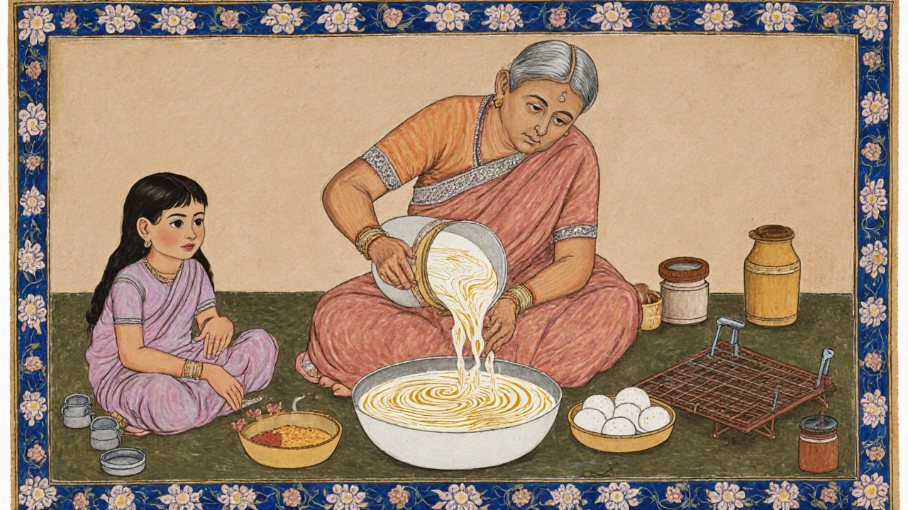 Grandmother pouring whey into fermenting batter while girl watches, traditional Indian painting style.