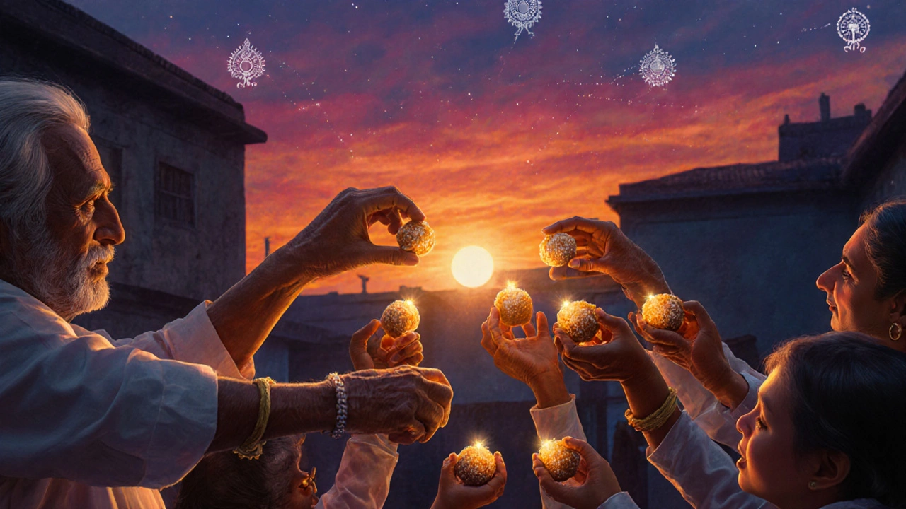 Group of hands sharing bite-sized Indian sweets in a sunset courtyard.