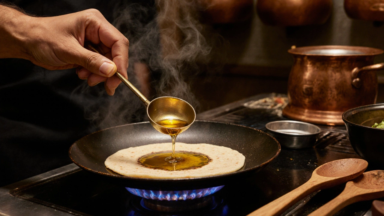 Hand pouring groundnut oil onto a preheated tawa in a traditional Indian kitchen.
