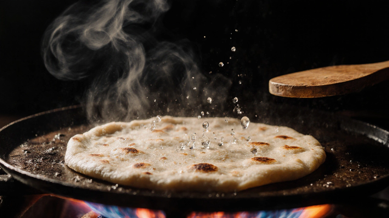 Hot tawa with a roti sizzling, steam rising, and a spatula ready to flip.