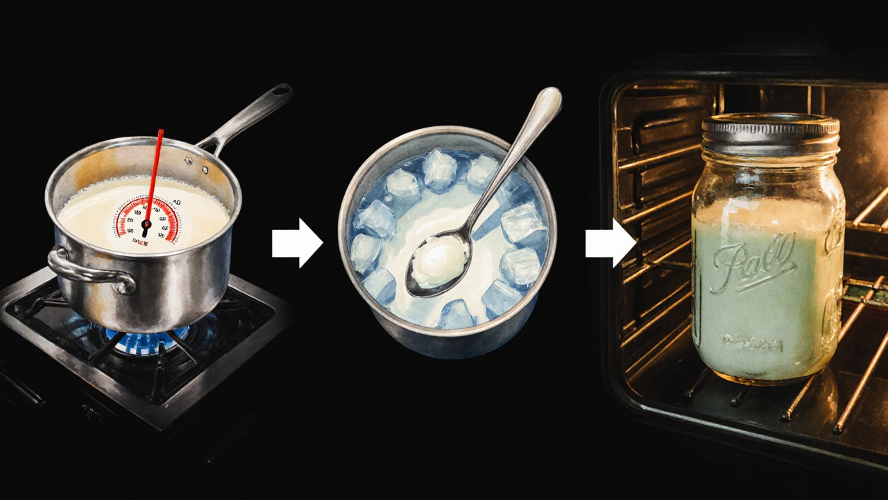 Illustration showing milk being heated, cooled, starter added, and yogurt jar incubating.