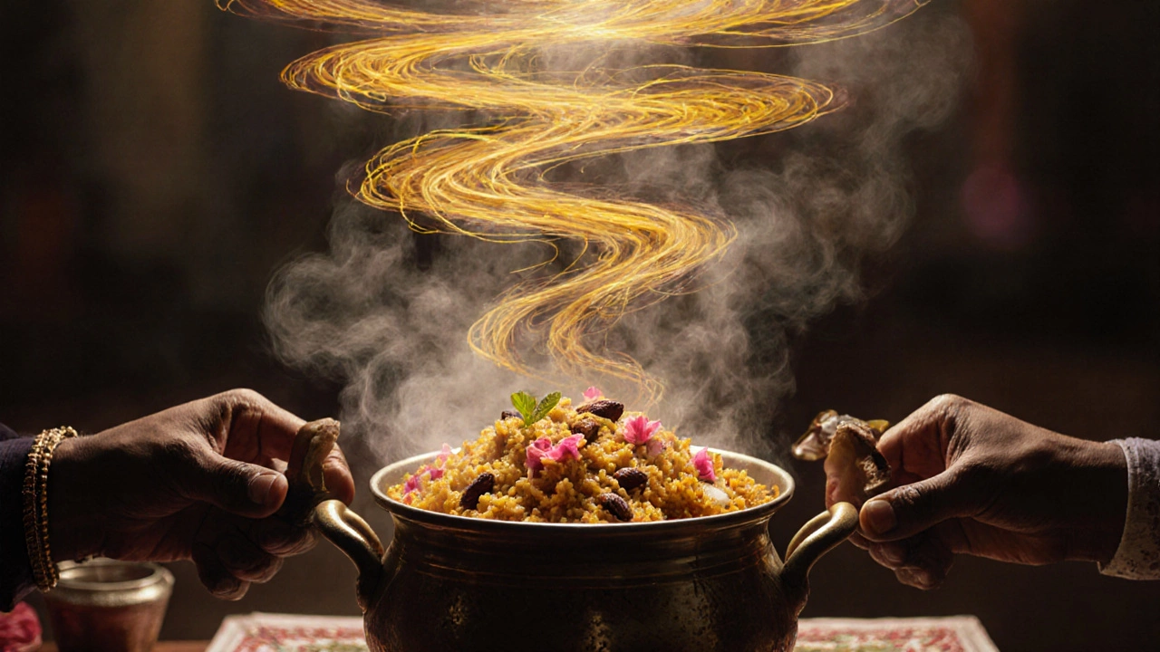 Invisible aromatic waves rising from biryani in a traditional kitchen.