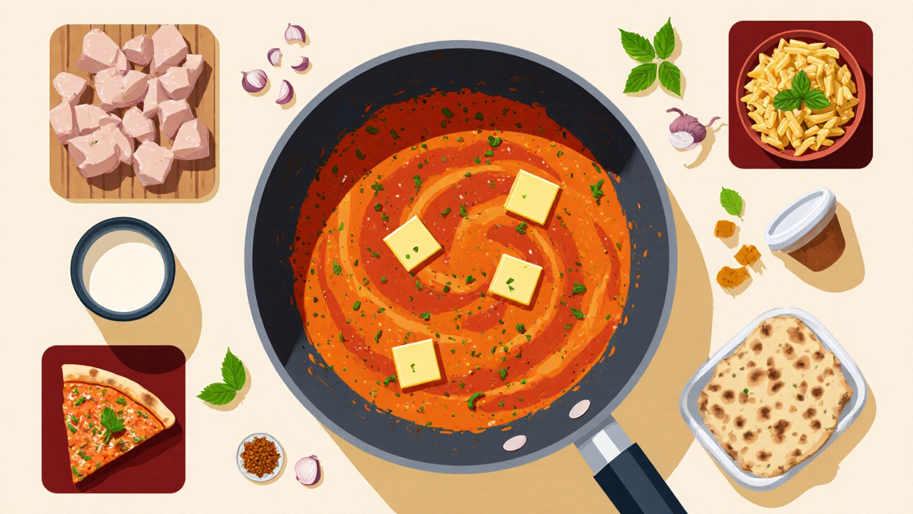 Kitchen layout showing butter chicken ingredients and sauce, illustrating versatile uses.
