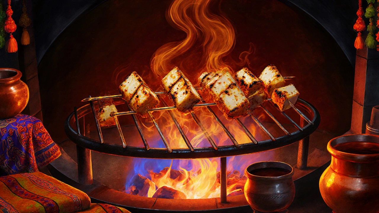 Marinated paneer skewers grilling in a tandoor, showing charred crust and smoke.