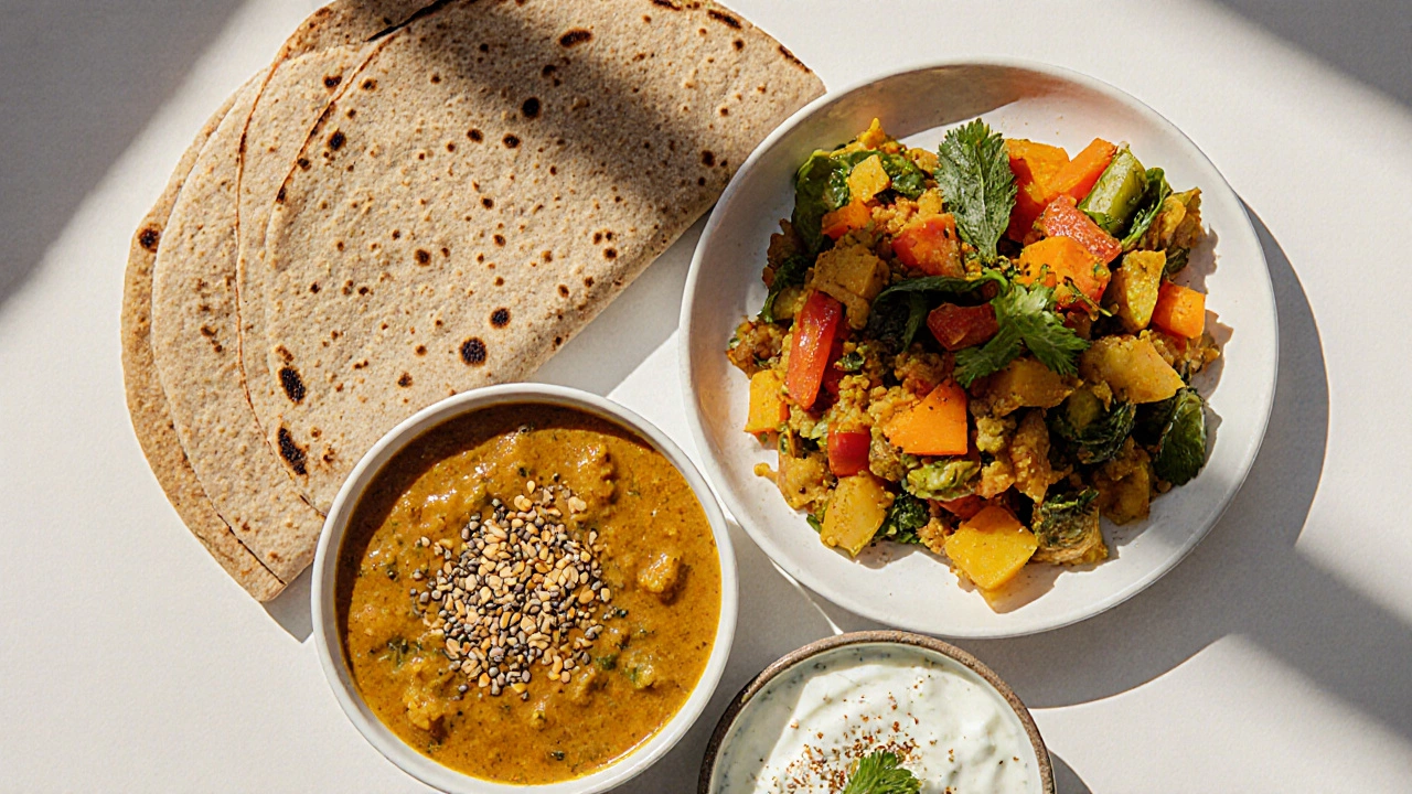 Meal plate showing roti, herb naan, dal, vegetables, and raita with seeds on the breads.