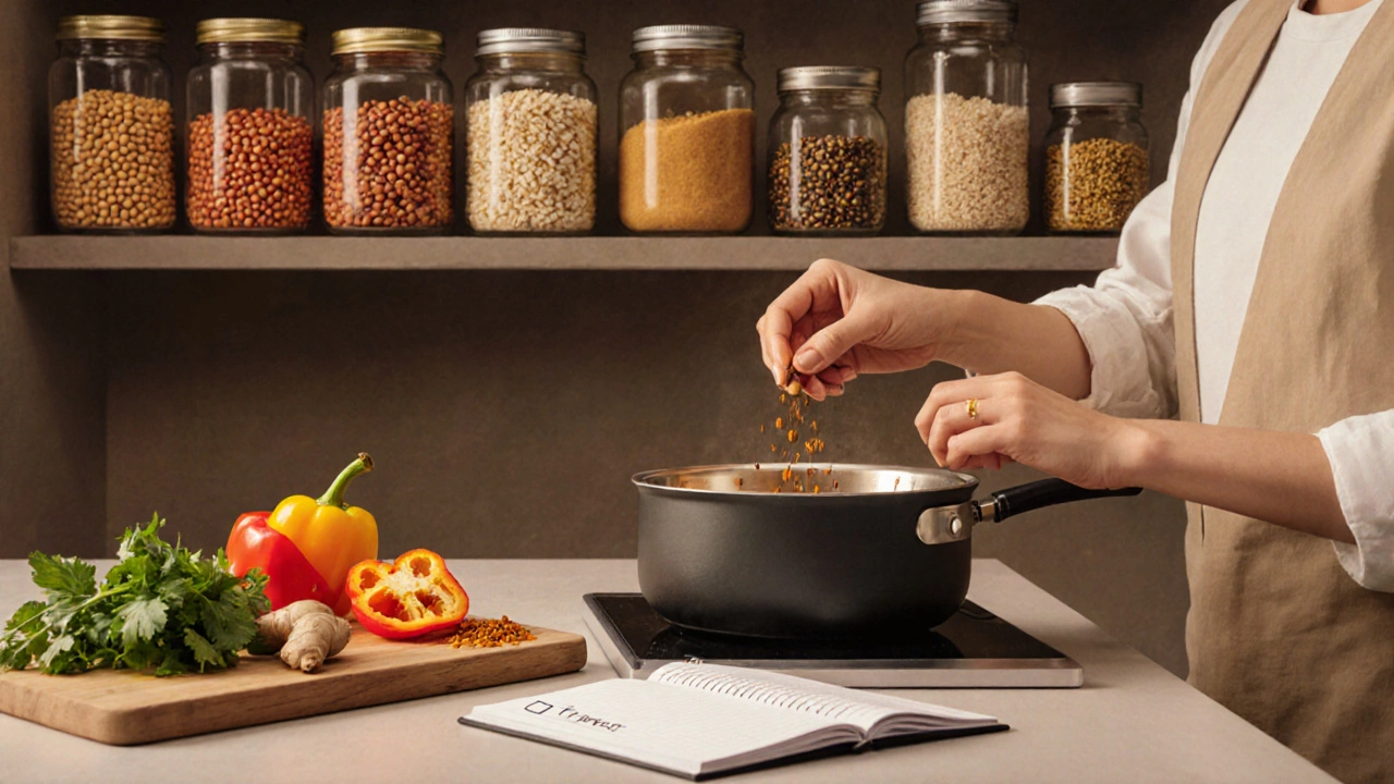 Modern kitchen scene showing pantry staples and spices for a vegetarian Indian diet.