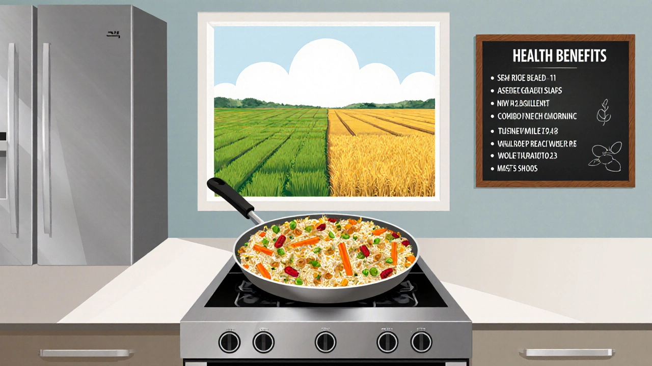 Modern kitchen scene with mixed grain pilaf of rice, wheat and millets, surrounded by fresh vegetables.