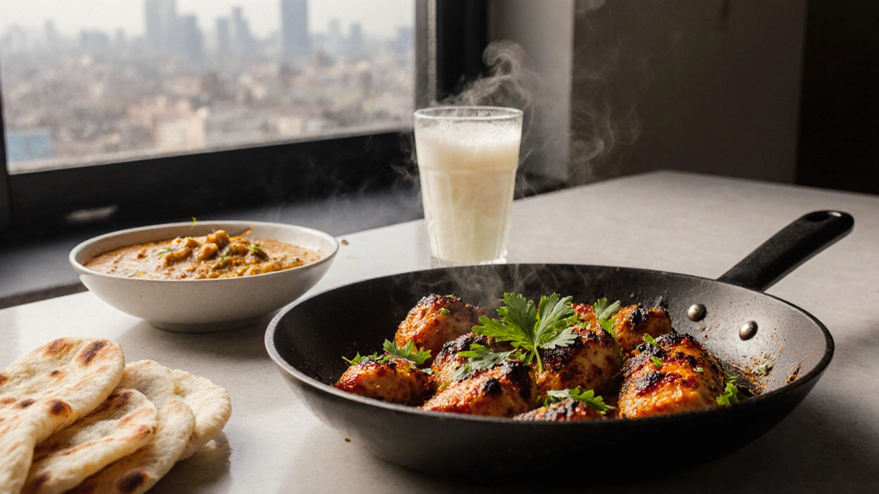 Modern kitchen shot of spicy chicken tikka beside dal makhani and lassi with city view.