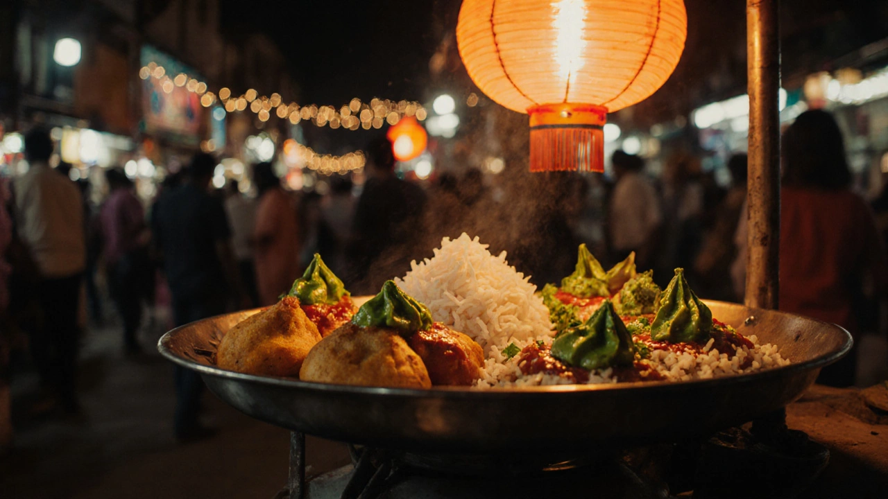 Night‑market stall with samosa, pakora, bhel served with amber tamarind and green herb chutneys.