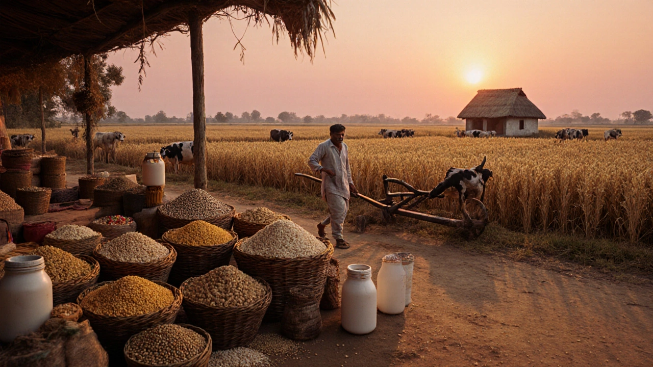 Photorealistic sunrise farm with wheat fields, dairy cows, and a market stall of grains.