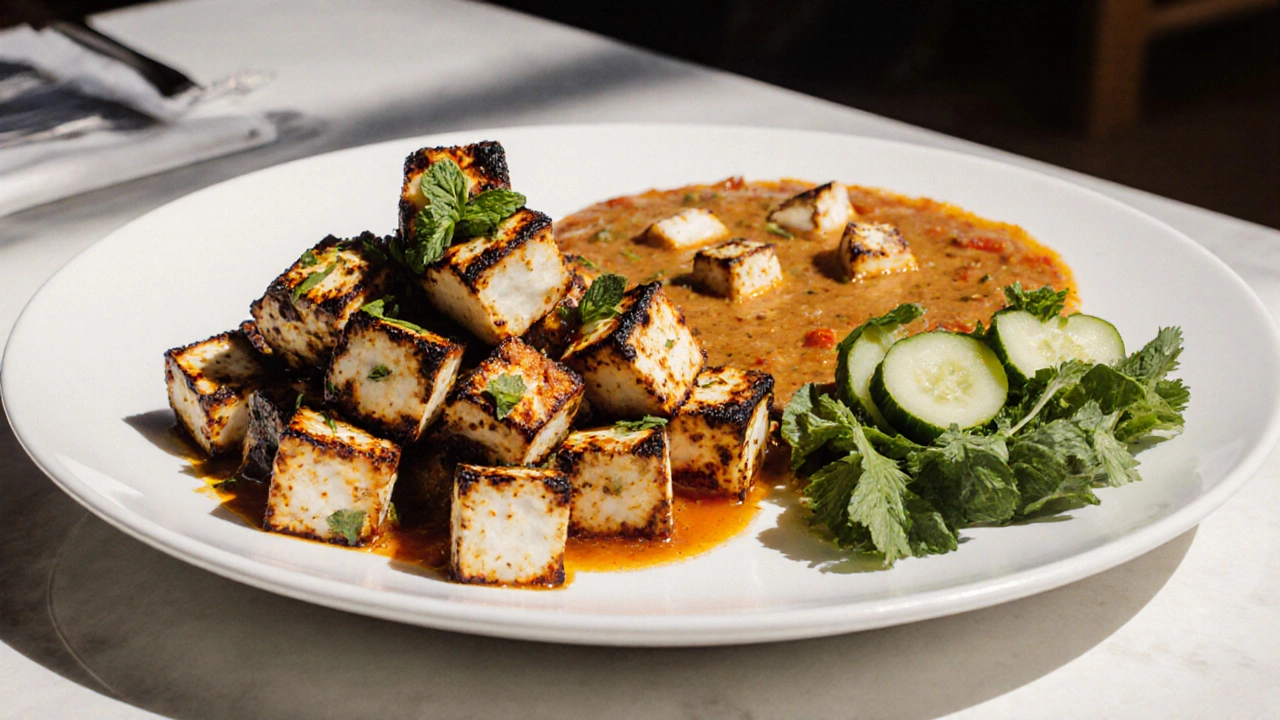Plate showing marinated tikka paneer, curry with plain paneer, and cucumber salad.