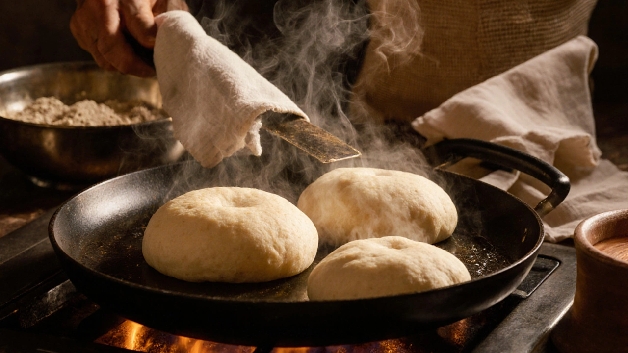 Puffed rotis cooking on a hot tawa with steam rising, cloth in hand for pressing.