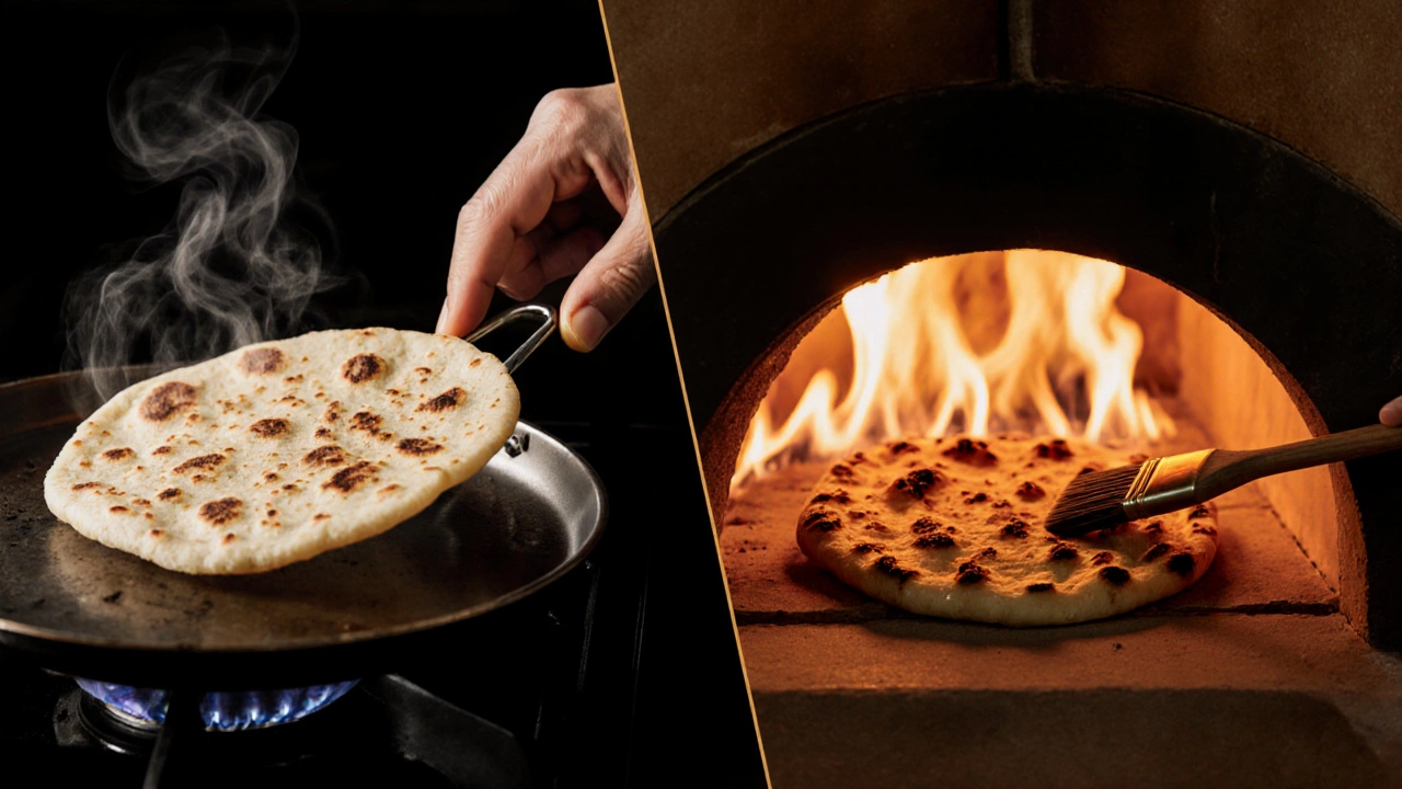 Roti cooking on a tawa contrasted with naan baking in a tandoor oven.