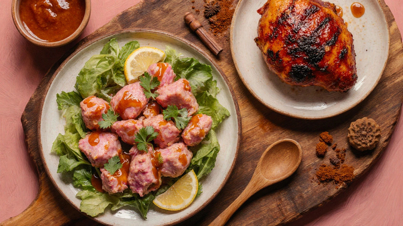Rustic plate showing pink tikka chicken on salad and charred red tandoori chicken with honey glaze.