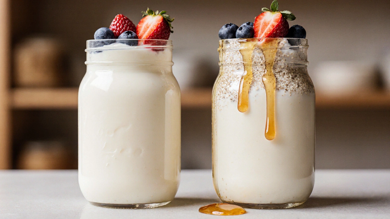 Side-by-side view of two yogurt jars showing smooth and slightly grainy textures.