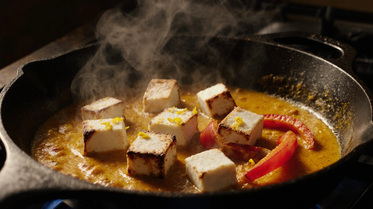 Skillet with golden cheese cubes and spices, steam rising, illustrating a paneer substitute dish.