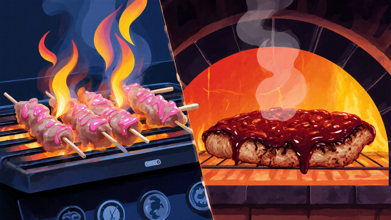 Split illustration of a grill with pink tikka chicken and a glowing tandoor oven with charred red tandoori chicken.