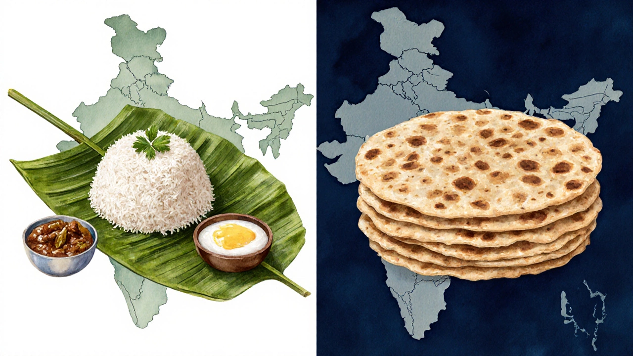 Split view showing a South Indian rice meal with coconut chutney and a North Indian wheat roti with ghee.