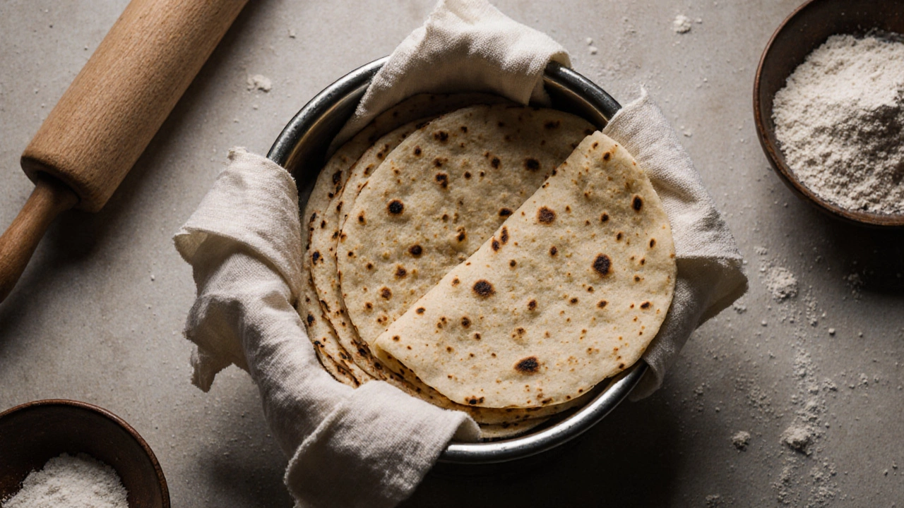 Stacked rotis kept warm in a steel box wrapped in a cotton cloth.