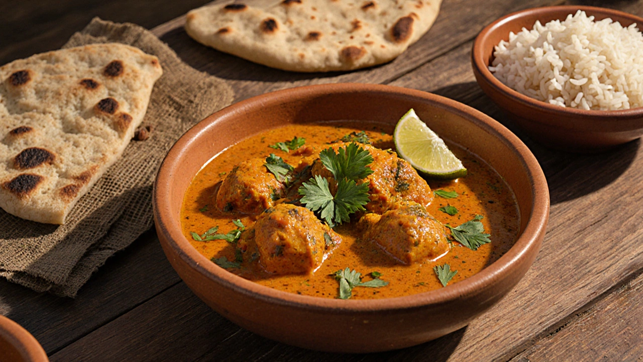 Steaming bowl of chicken curry garnished with cilantro and lime on a rustic table.