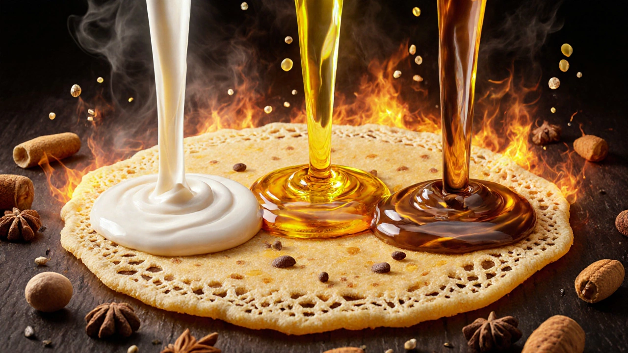 Three oils flowing into a dosa, forming a crispy golden crust with swirling patterns.