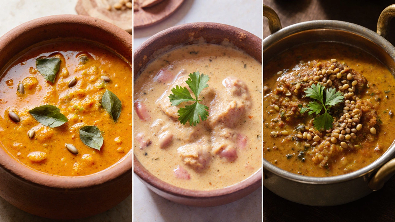 Three panels showing South Indian sambar, North Indian butter chicken, and Bengali fish curry.