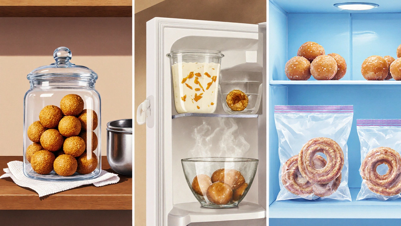Three storage scenes: jar of ladoos, fridge with kheer, freezer with jalebi.