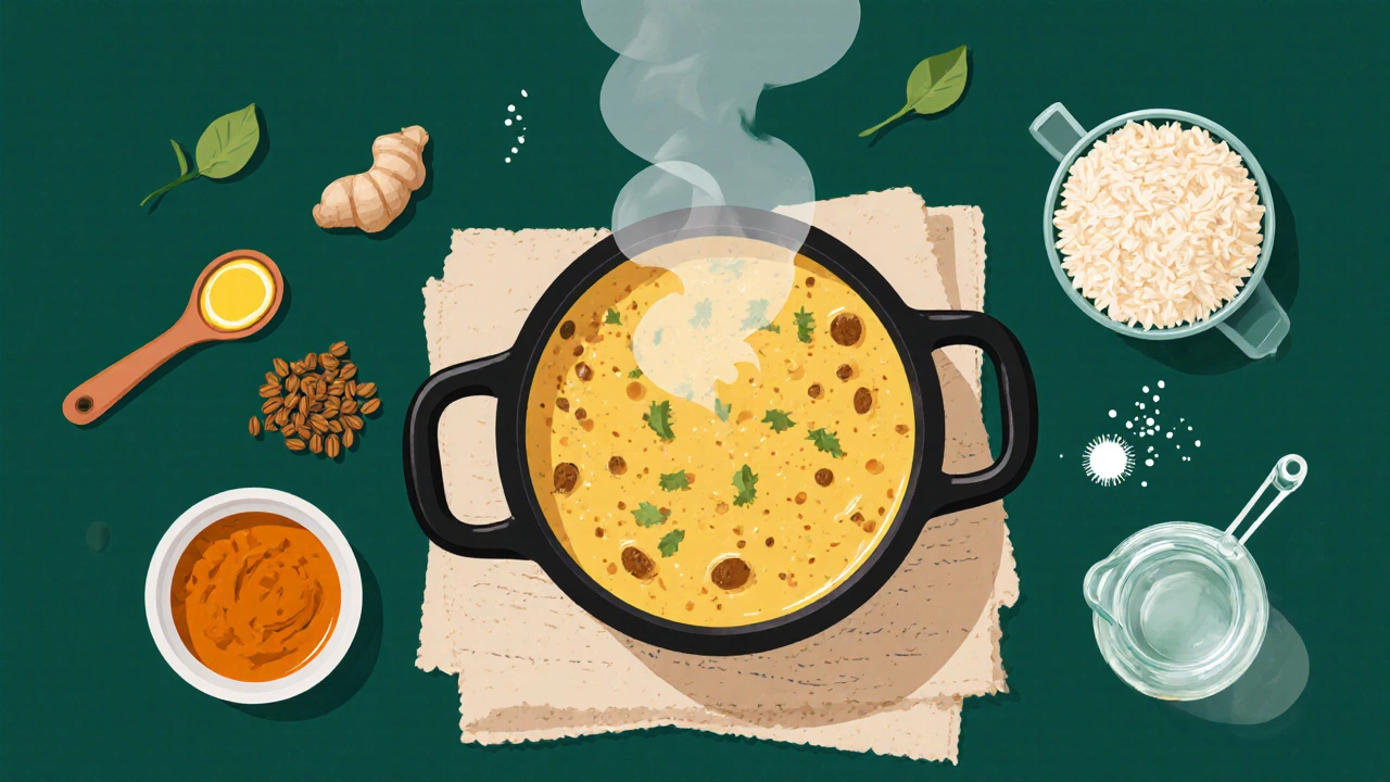 Top‑down view of ingredients and pot for making khichdi, showing ghee, cumin seeds, and rice.