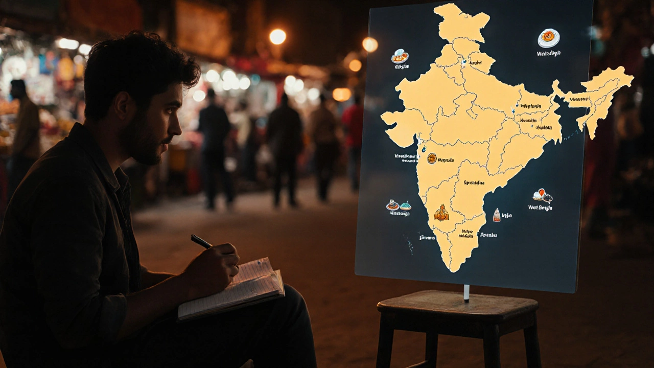 Traveler planning a food tour with an Indian map and icons of top foodie states.