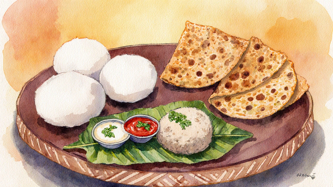 Watercolor breakfast spread of idli, dosa, vada with three colorful chutney bowls.