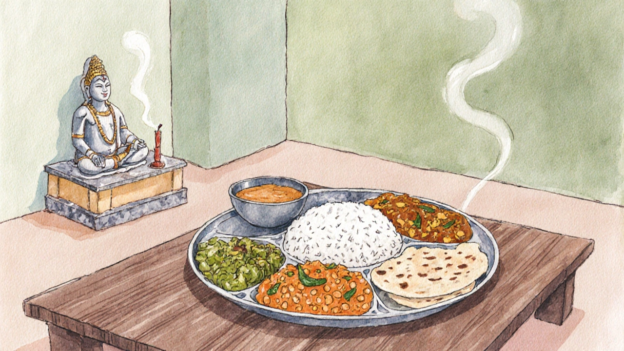 Watercolor of a Jain family meal with a thali of rice, dal, and vegetables, no root foods.