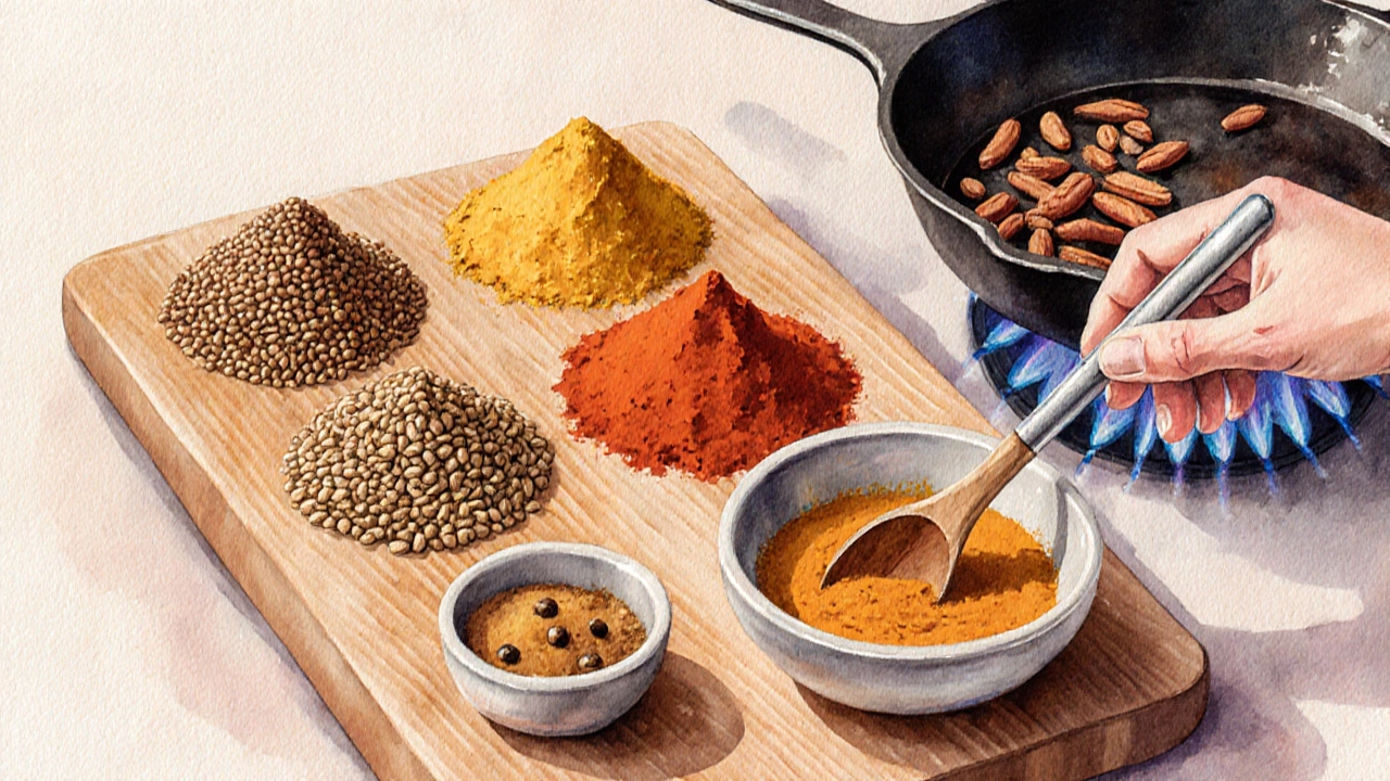 Watercolor of measured spice piles and a hand stirring a bowl, with a skillet toasting spices.