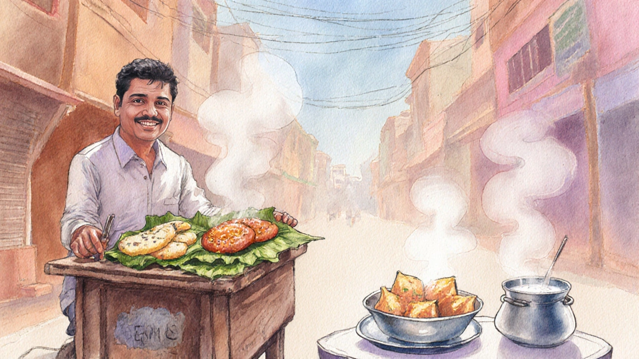 Watercolor scene of Kolkata breakfast vendors serving Luchi‑Aloor Dom and puchka.