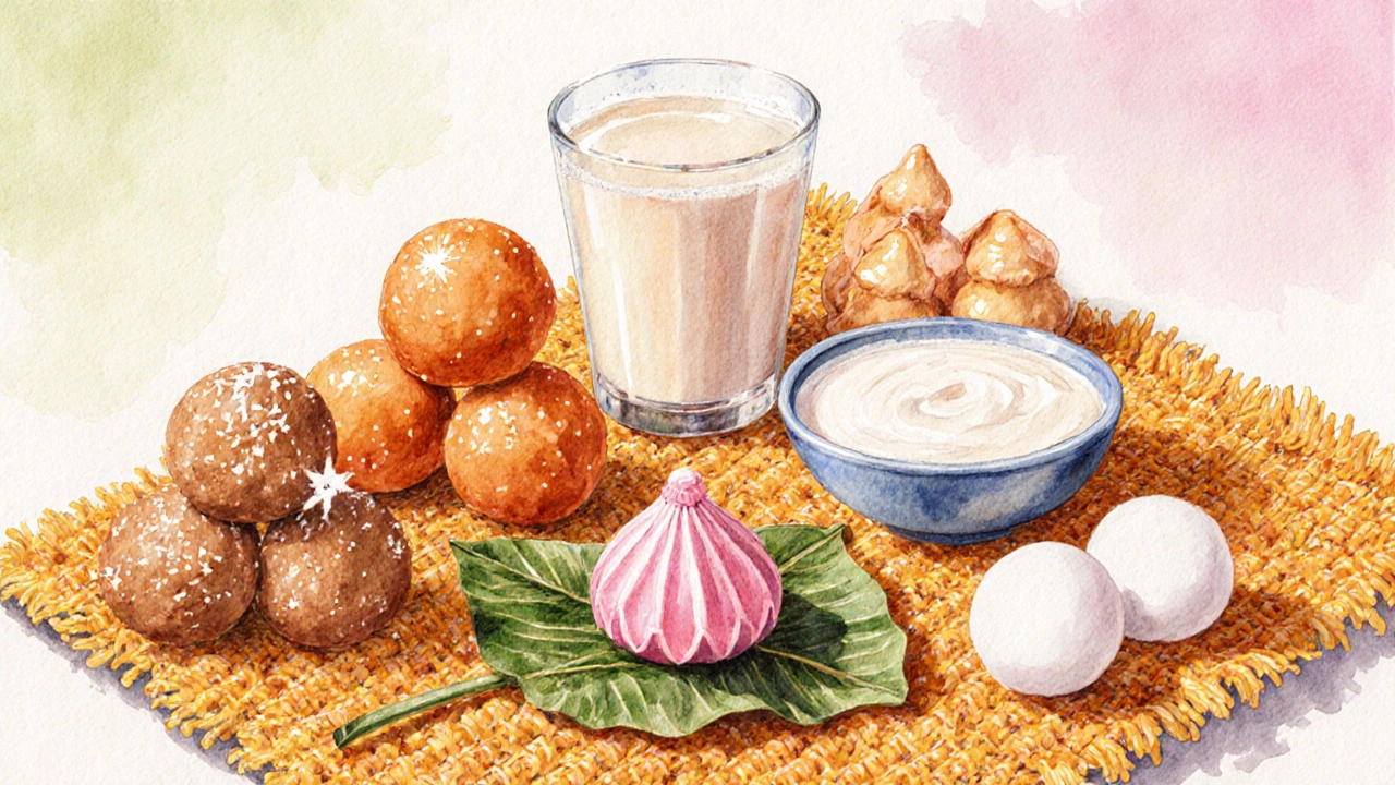 Watercolor spread of festival sweets: ladoos, modak, pedas, gujiyas, kheer on decorative cloth.